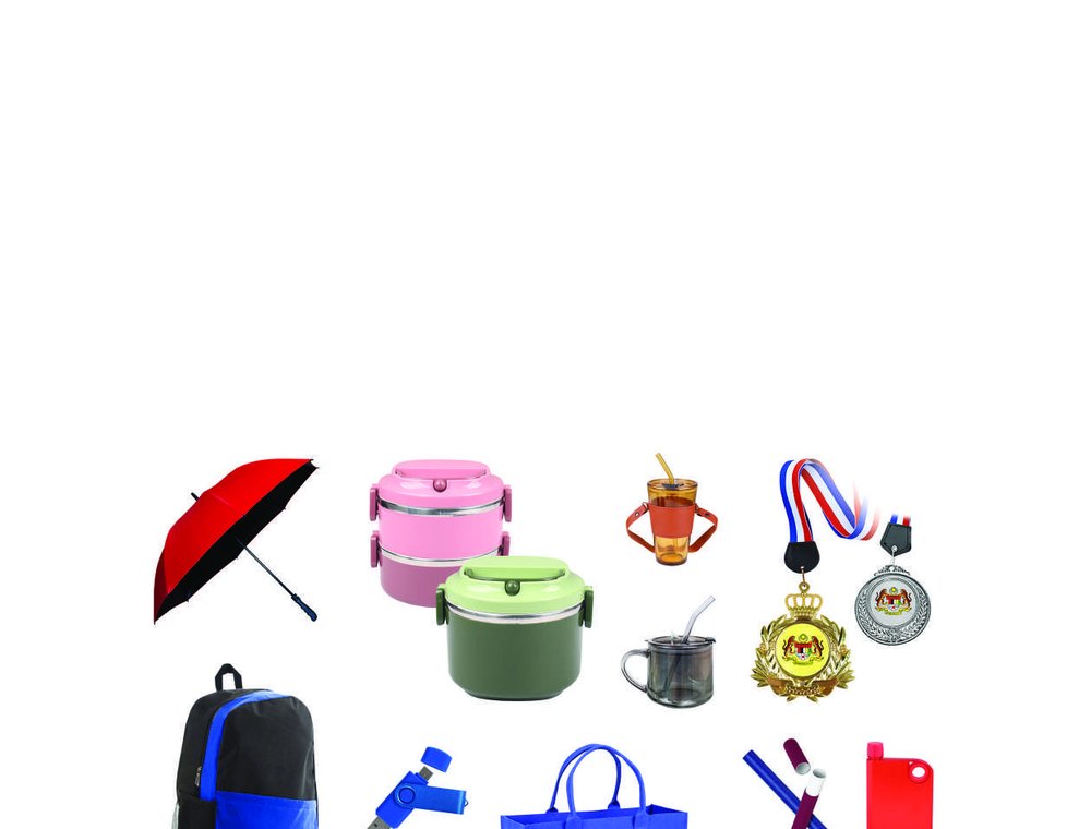 Premium gift items including umbrellas, lunch boxes, pens and trophies